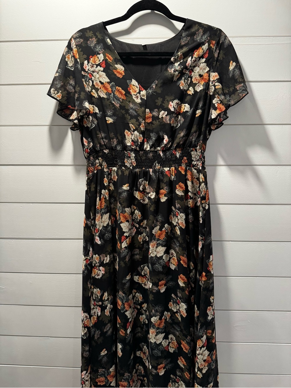 Black Floral Smocked-Waist Midi Dress